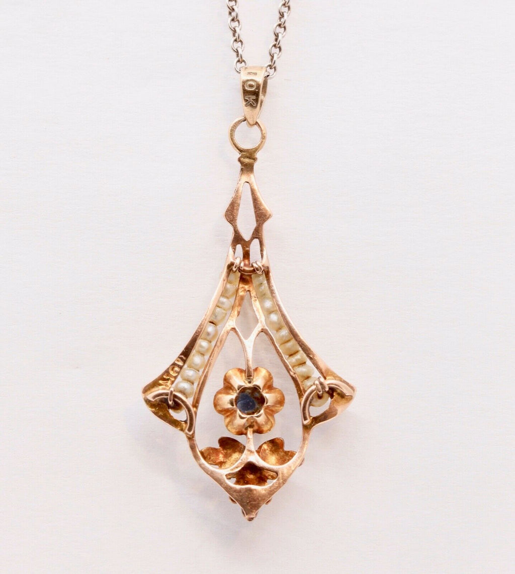 Victorian 10 Rose Gold Blue Sapphire Seed Pearls Pendant