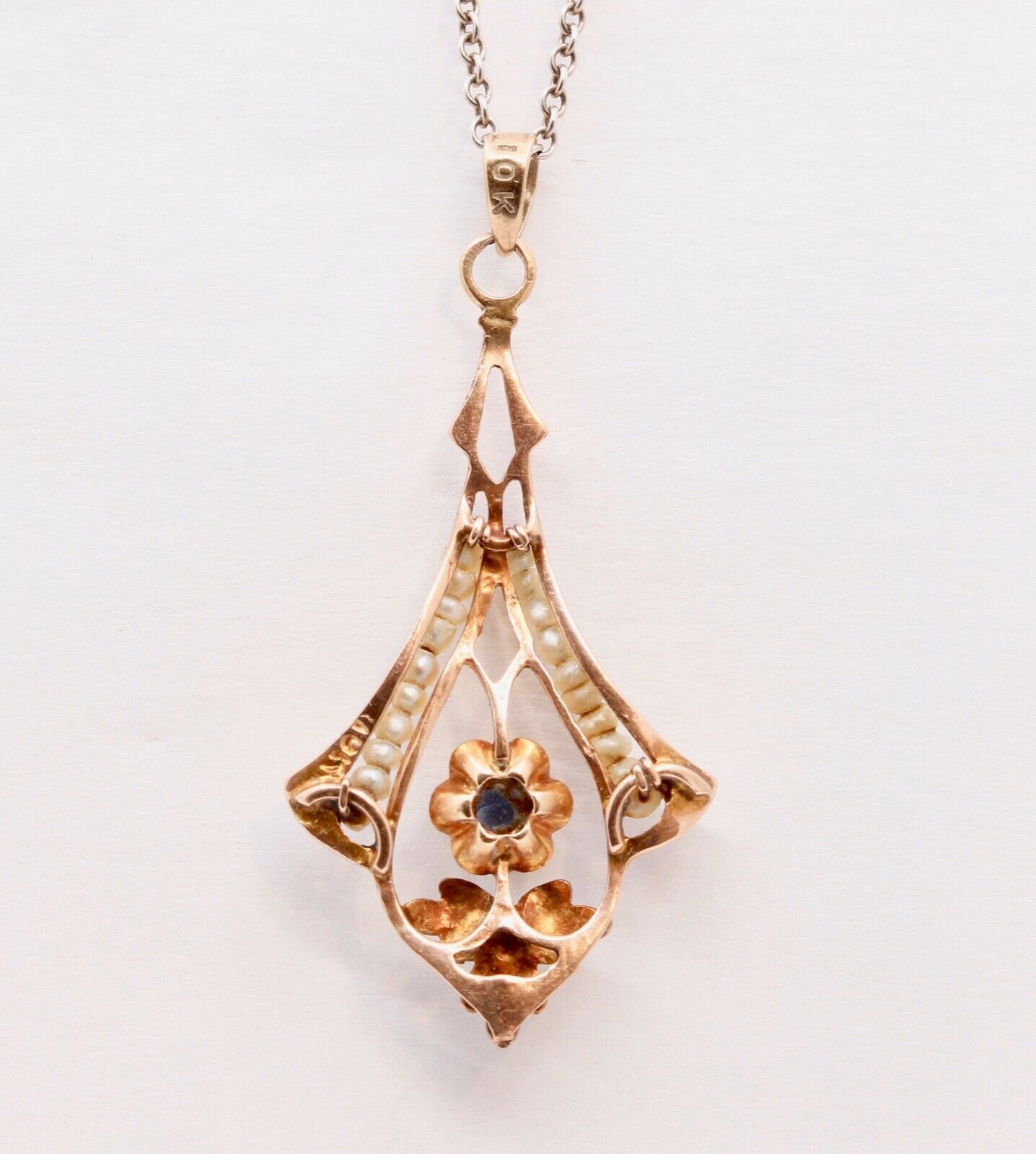 Victorian 10 Rose Gold Blue Sapphire Seed Pearls Pendant