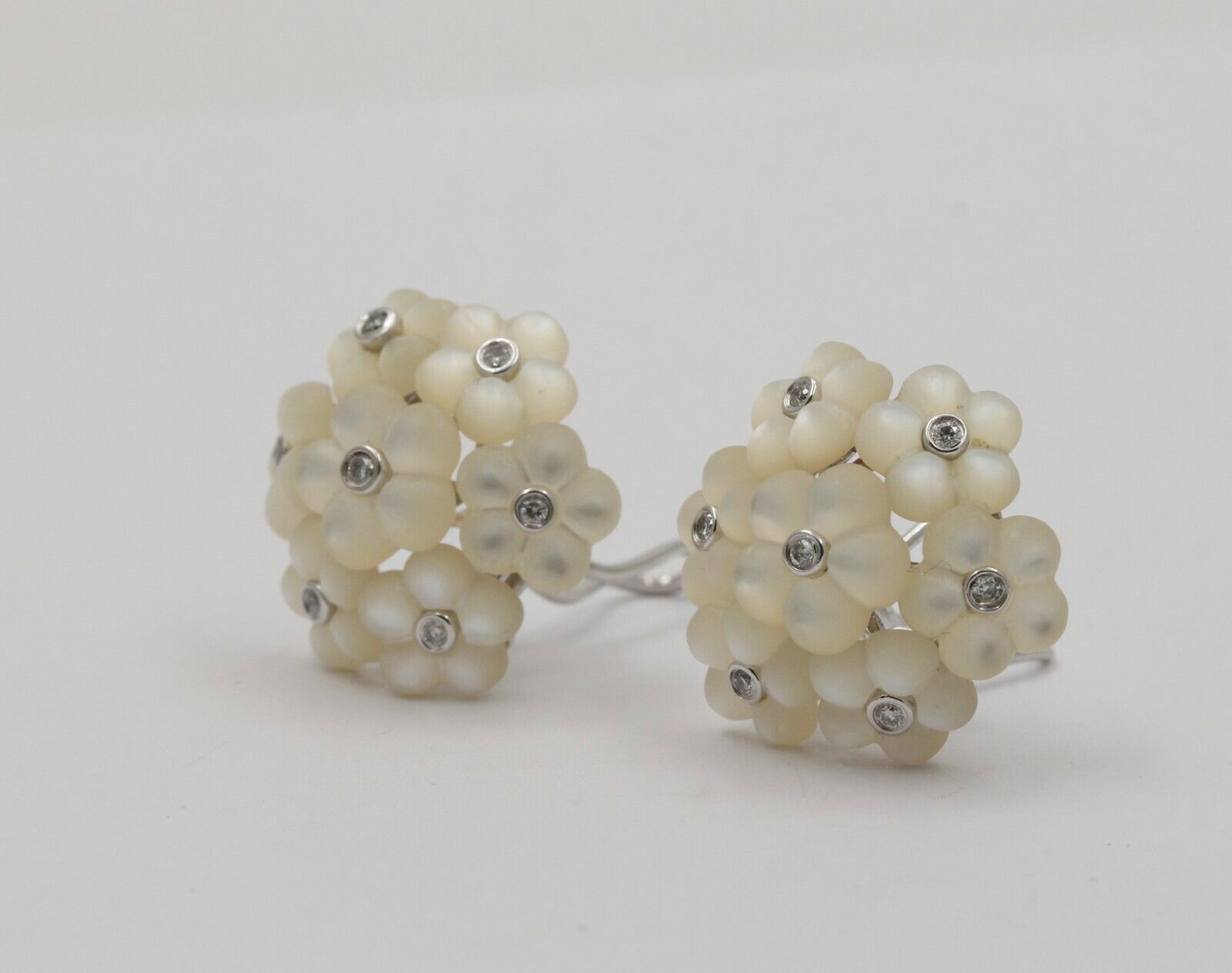 Vintage 14K White Gold Moon Stone Diamond Floral Omega Back Earrings