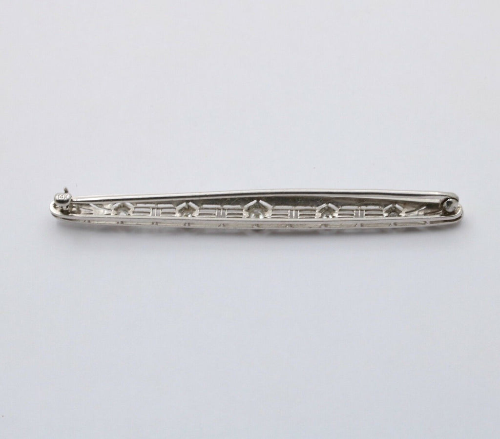 Art Deco 14K White Gold Diamond Filigree Bar Pin, Brooch