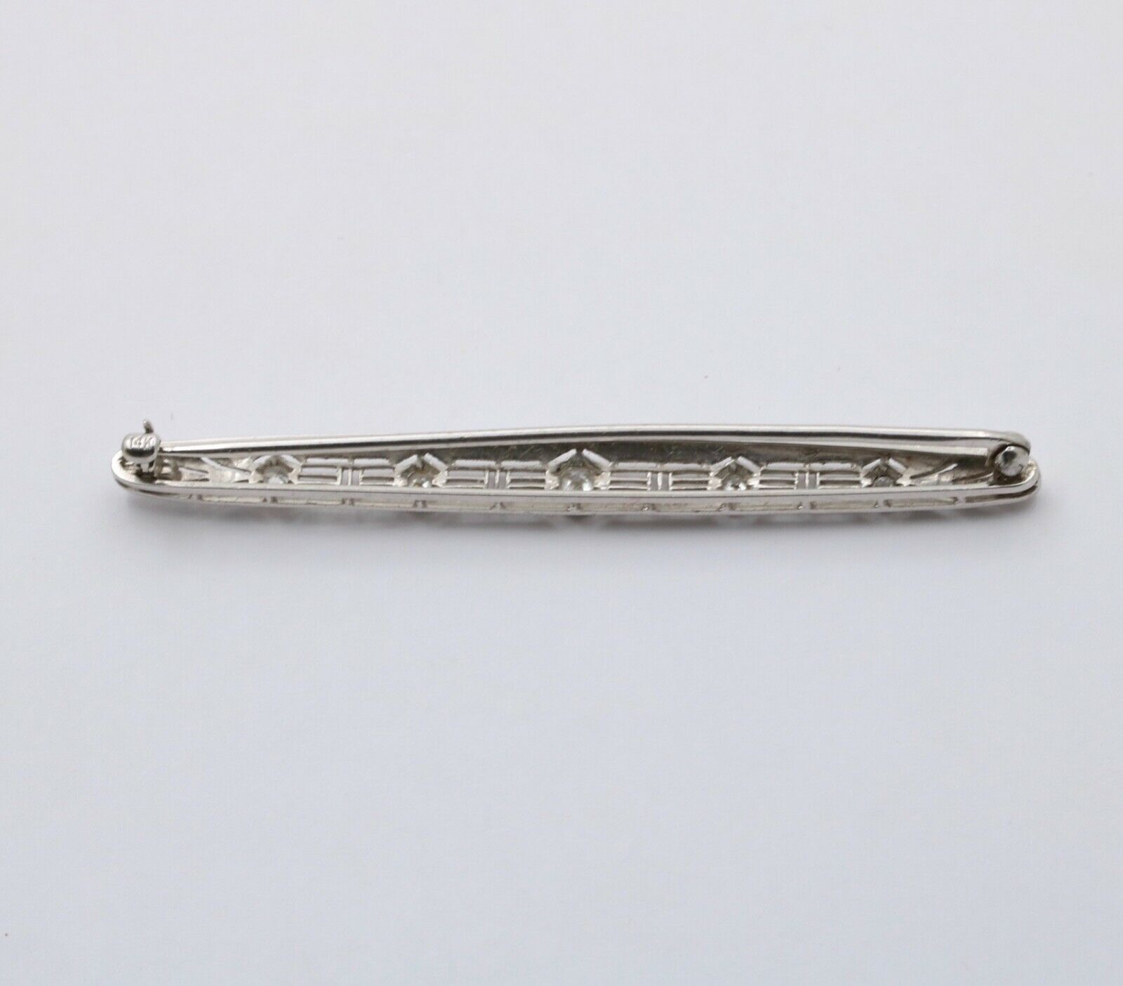 Art Deco 14K White Gold Diamond Filigree Bar Pin, Brooch