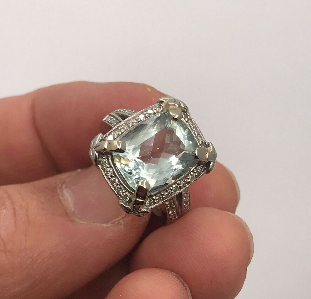 Vintage 14K White Gold Aquamarine Diamonds Ring
