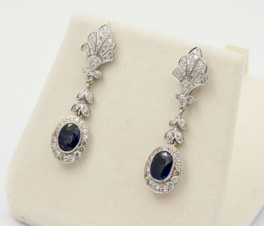 Vintage 18K White Gold Hanging Sapphire Diamond Earrings