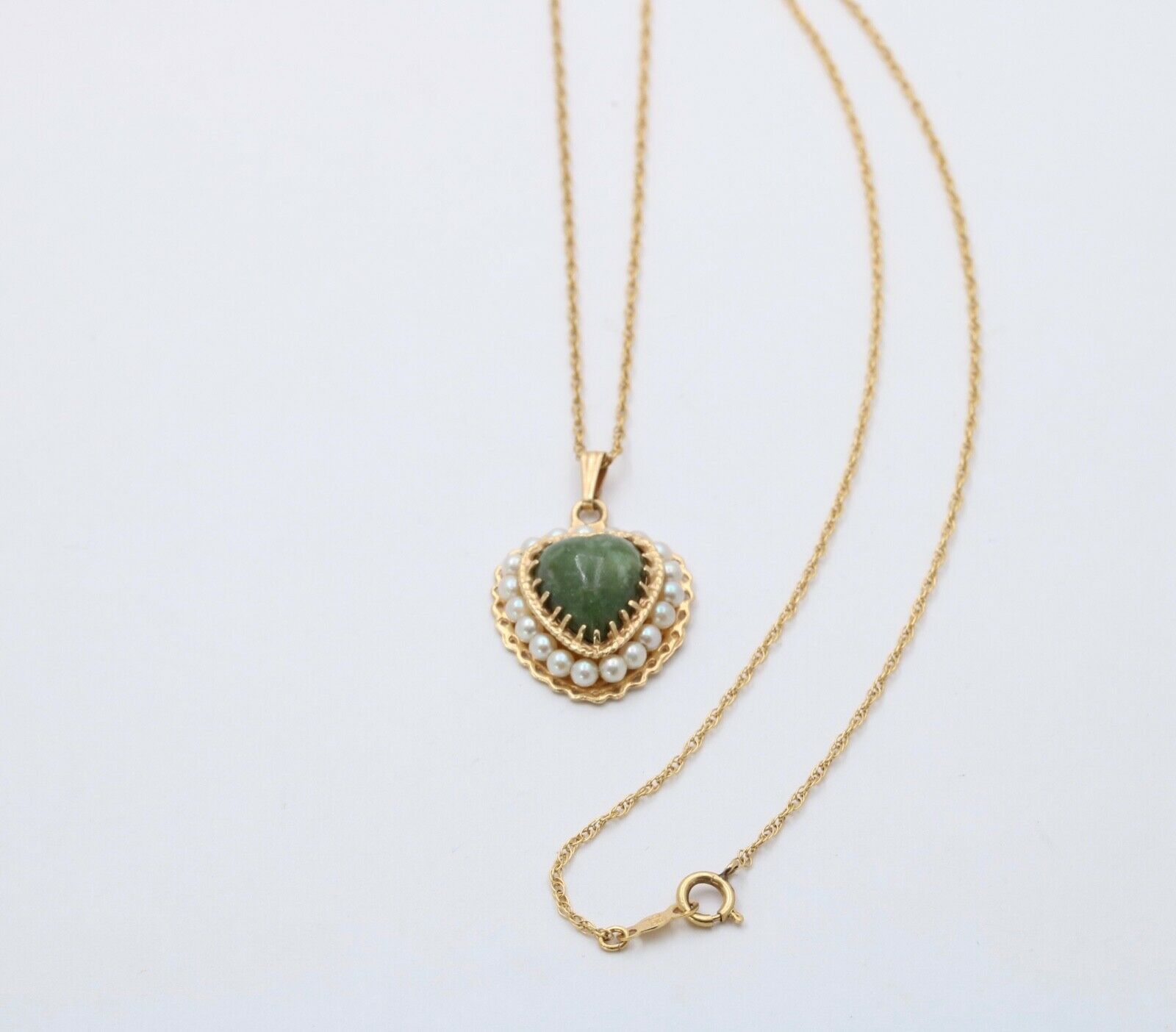 Vintage 14K Yellow Gold Heart Aventurine Pearl Pendant Necklace, Heart Charm