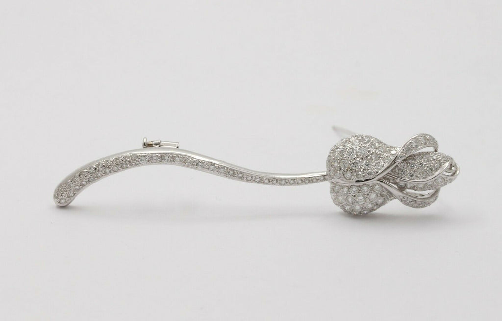 Vintage Estate Elegant Rose Flower Brilliant Cut Diamonds 18K White Gold Brooch,