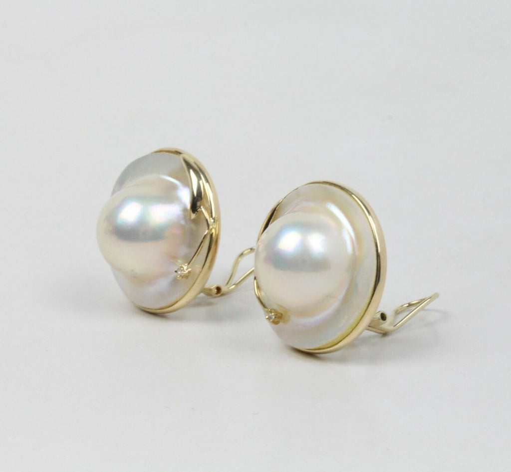 Vintage 14K Yellow Gold Mabe Pearl & Diamond Clip Earrings