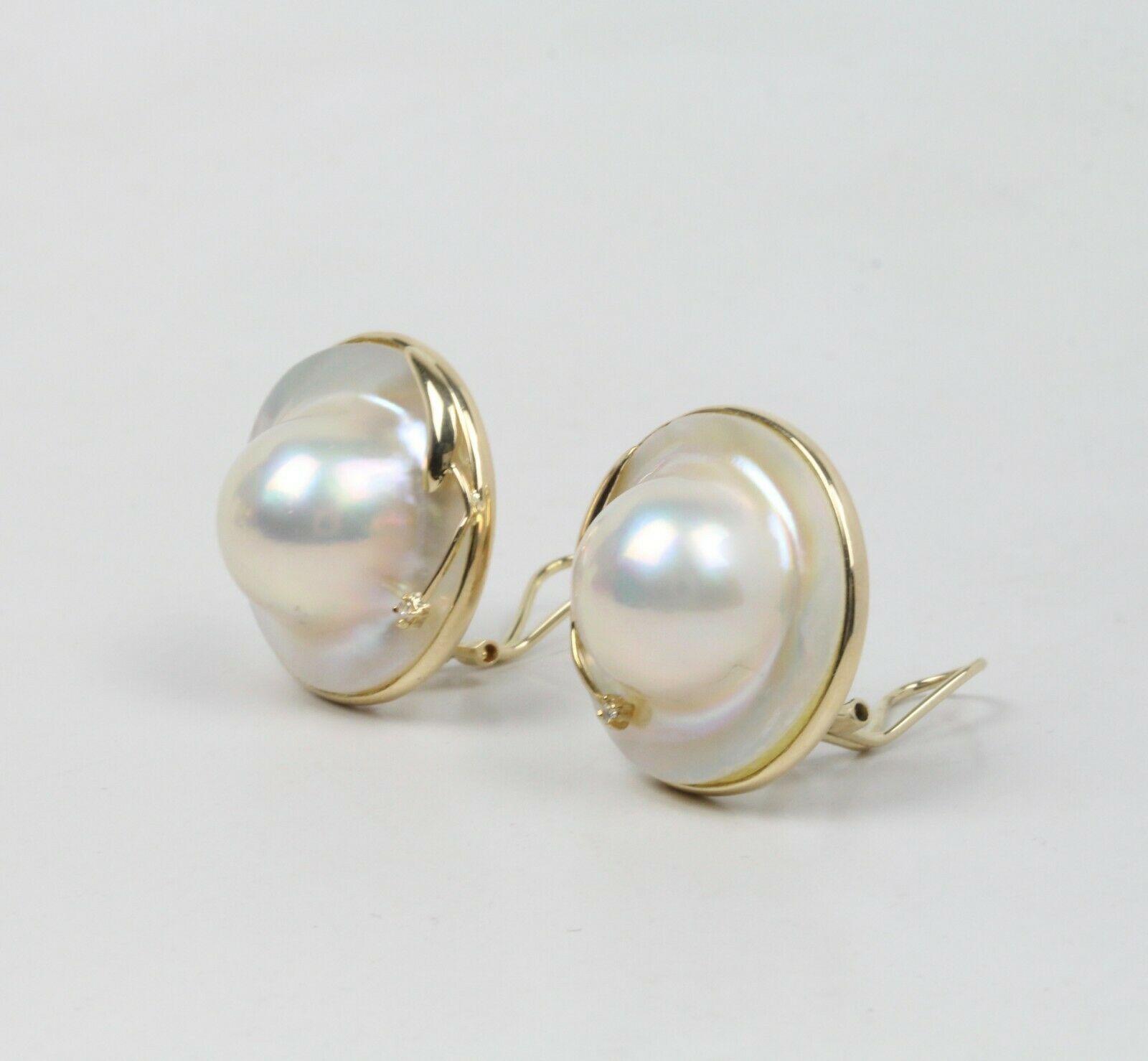 Vintage 14K Yellow Gold Mabe Pearl & Diamond Clip Earrings