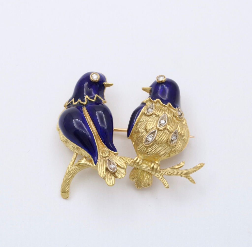 Vintage 18K Gold, Enamel, and Diamond Love Birds Brooch, Parrot Pin