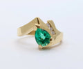 Vintage Modernist Emerald Diamonds 14K Yellow Gold Bypass Ring