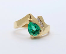 Load image into Gallery viewer, Vintage Modernist Emerald Diamonds 14K Yellow Gold Bypass Ring
