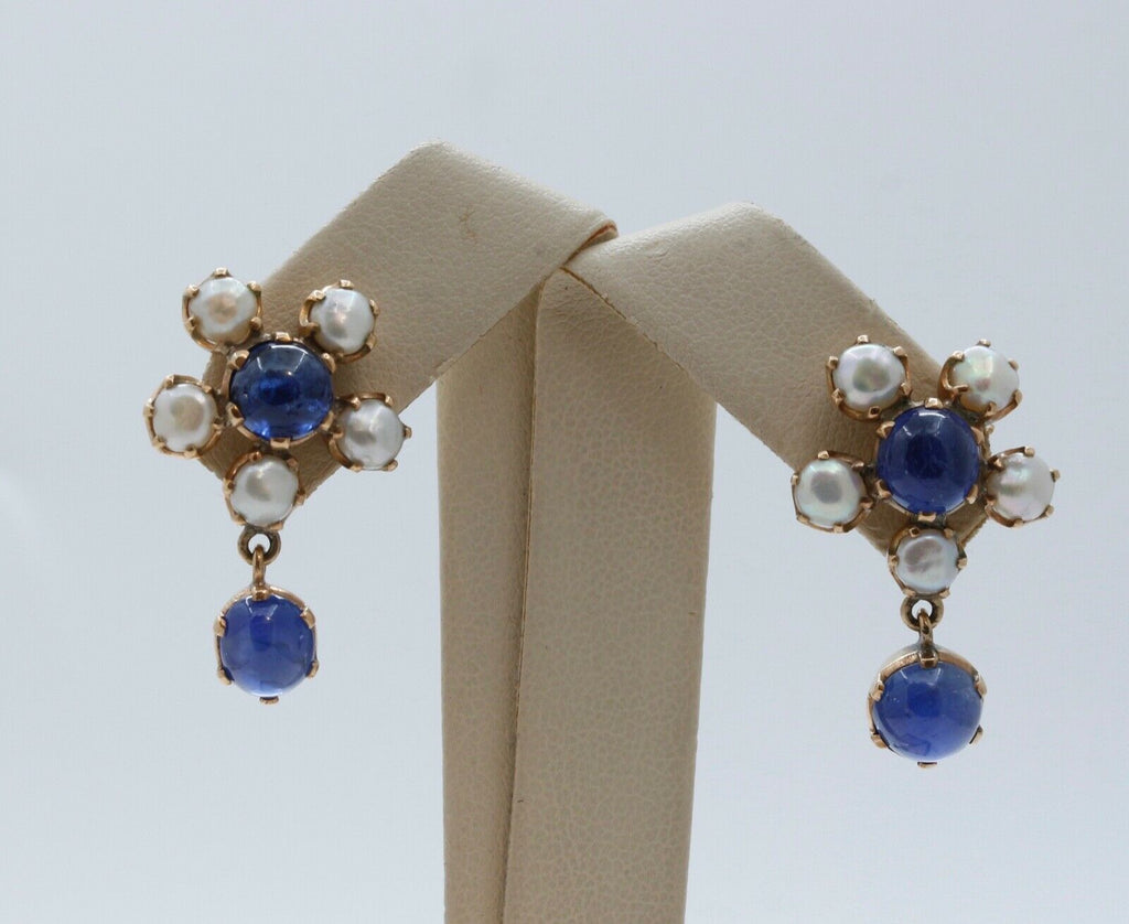 Beautiful Cabochon Sapphires Cultured Pearl 14K Yellow Gold Earrings