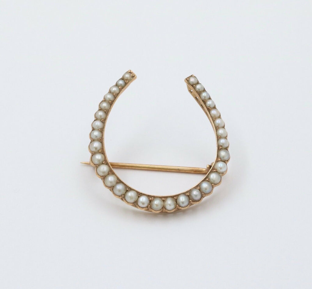 Antique 14K Yellow Gold Split Pearl Horseshoe Brooch, Pin.