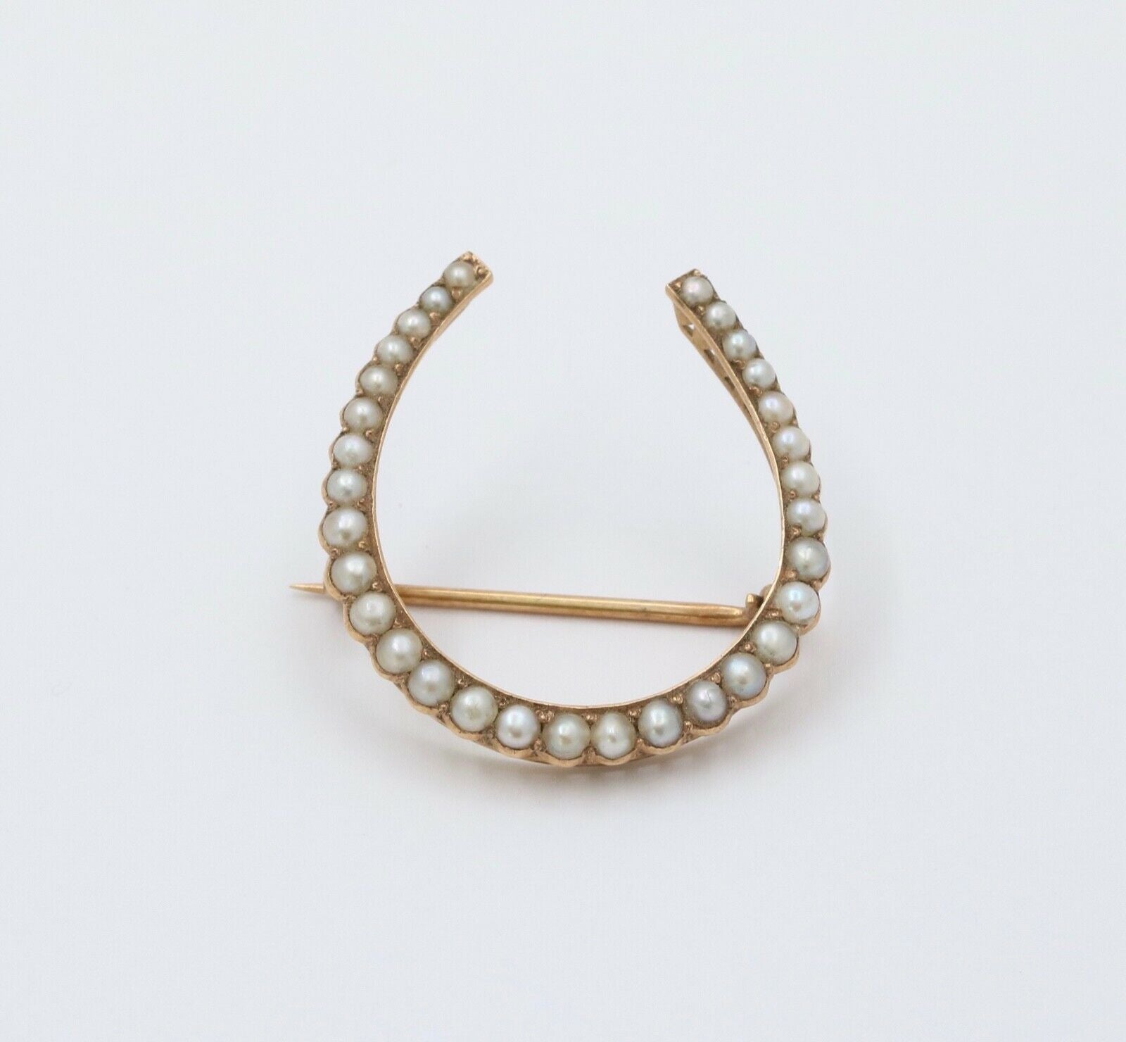Antique 14K Yellow Gold Split Pearl Horseshoe Brooch, Pin.