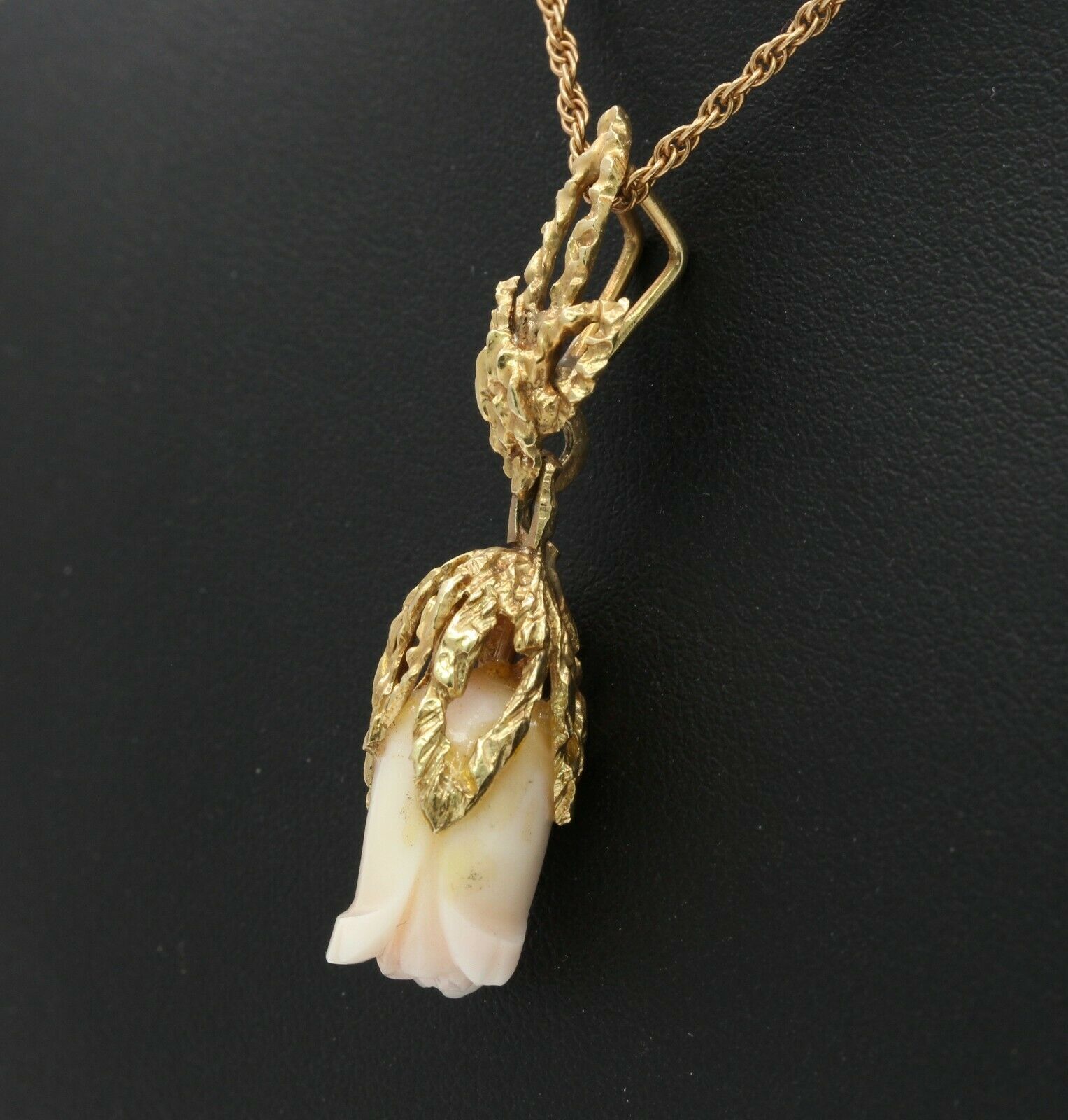 Victorian 14K Yellow Gold Angel Skin Coral Flower Carving Pendant with Chain