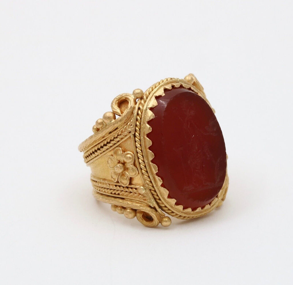 Vintage 22K Yellow Gold Carved Greek Narcissus Intaglio Carnelian Signet.