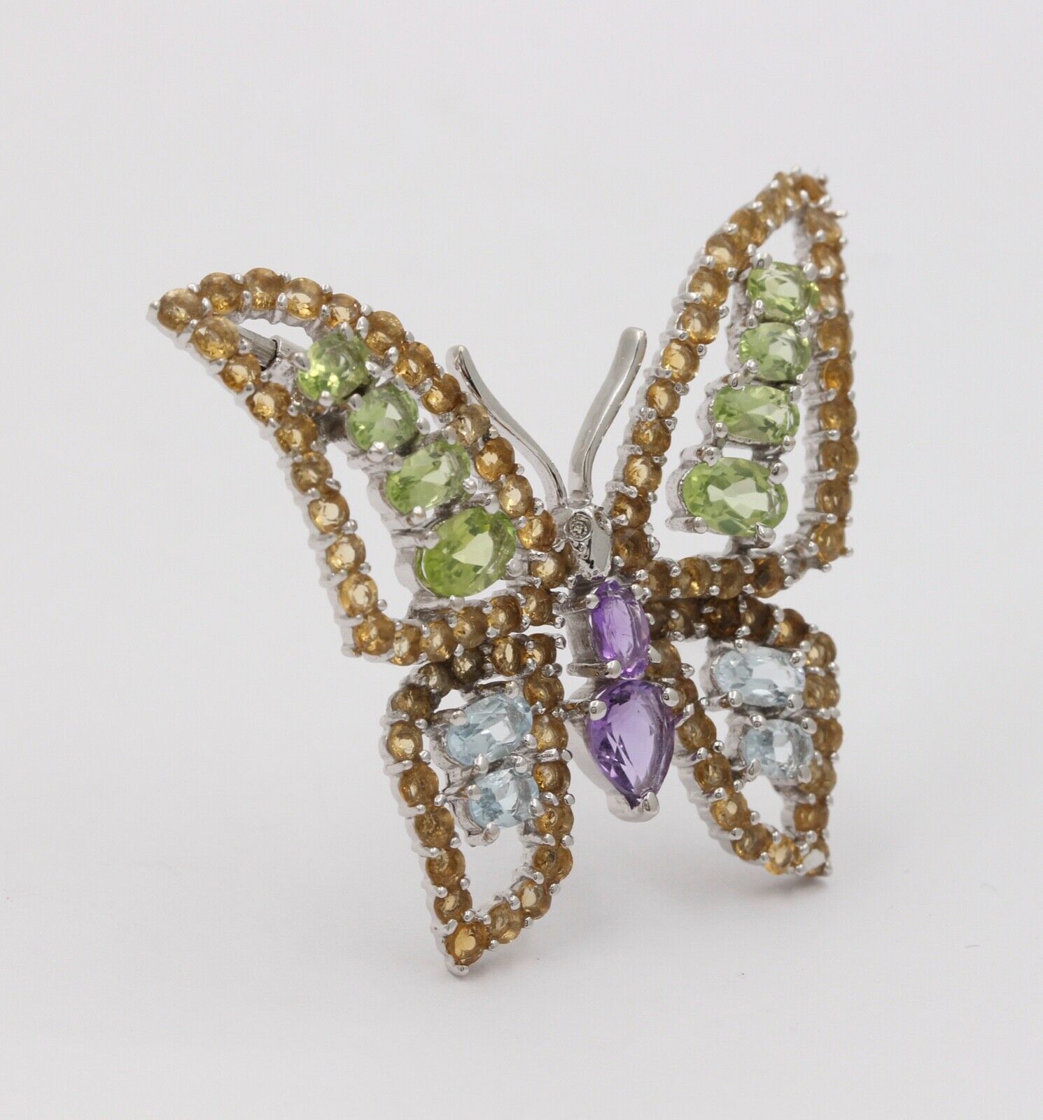 Vintage Butterfly Multi Color Stones in 18K White Gold Brooch