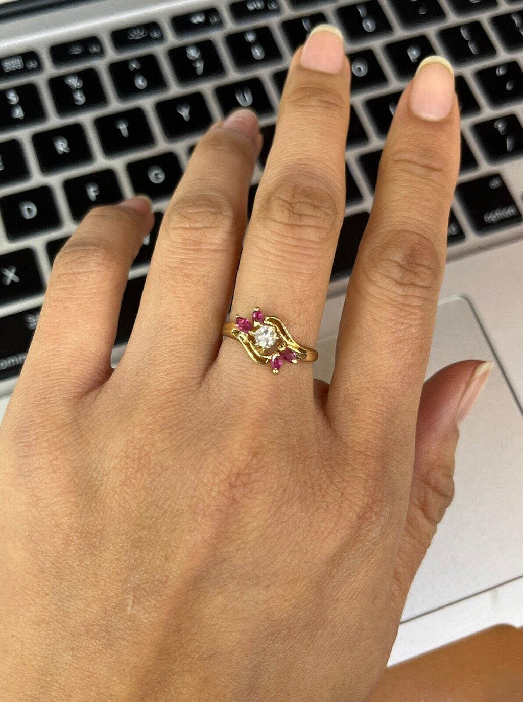 Vintage Retro 1930”s 14K Rose Gold Diamond & Ruby Ring Band.