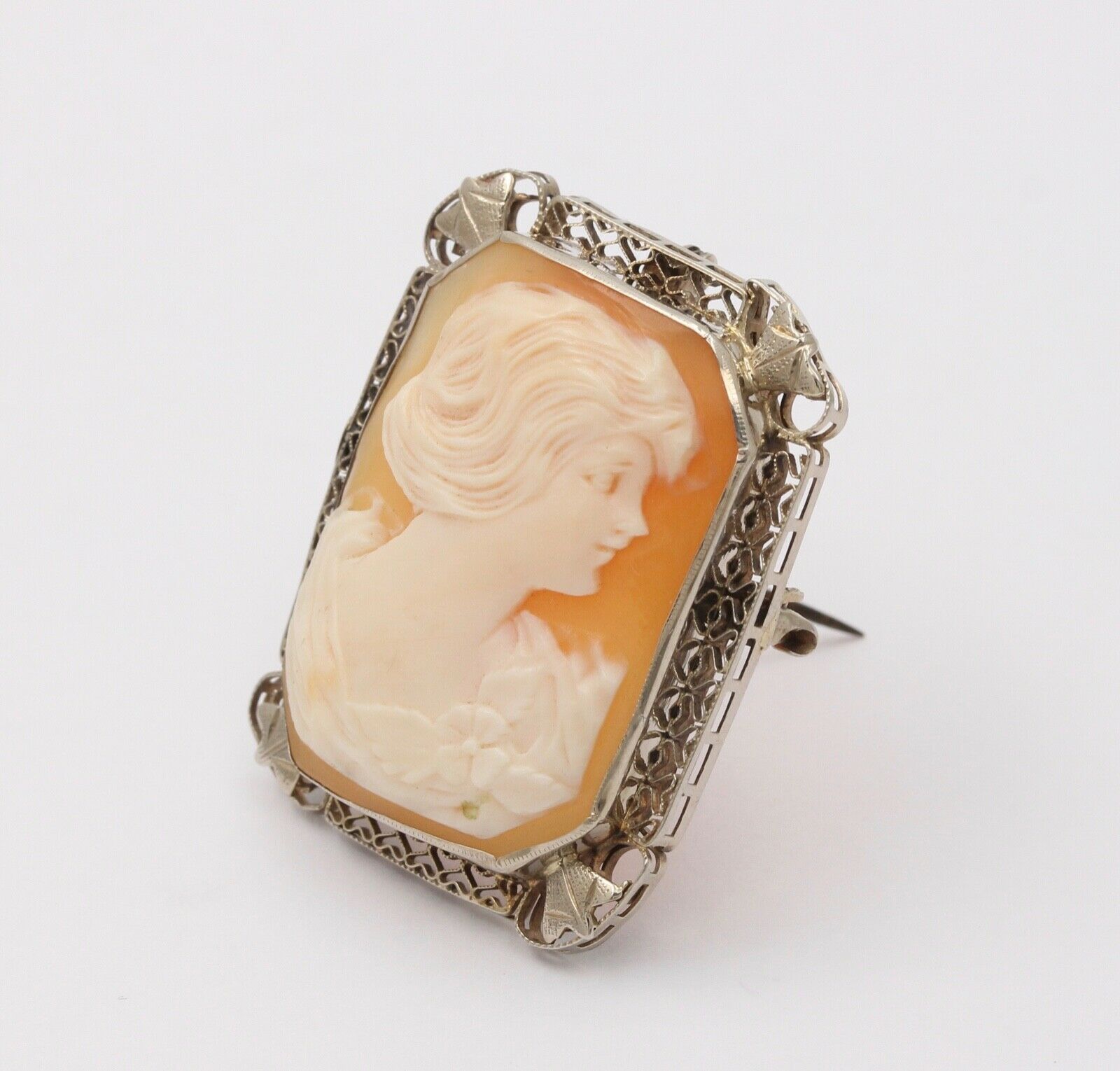 Victorian Adorable Carved Shell Cameo Woman's Portrait Filigree Brooch, Pin. Pen