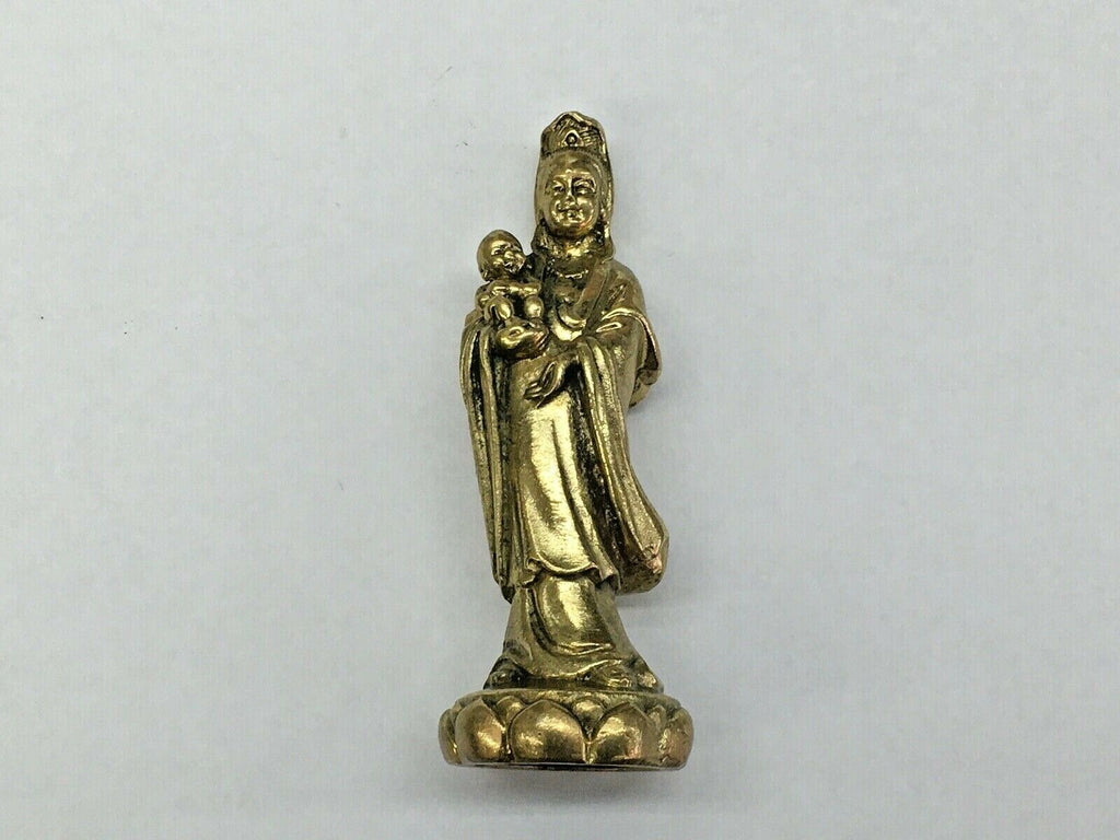 Vintage Guan Yin Holding Baby Brass Statue