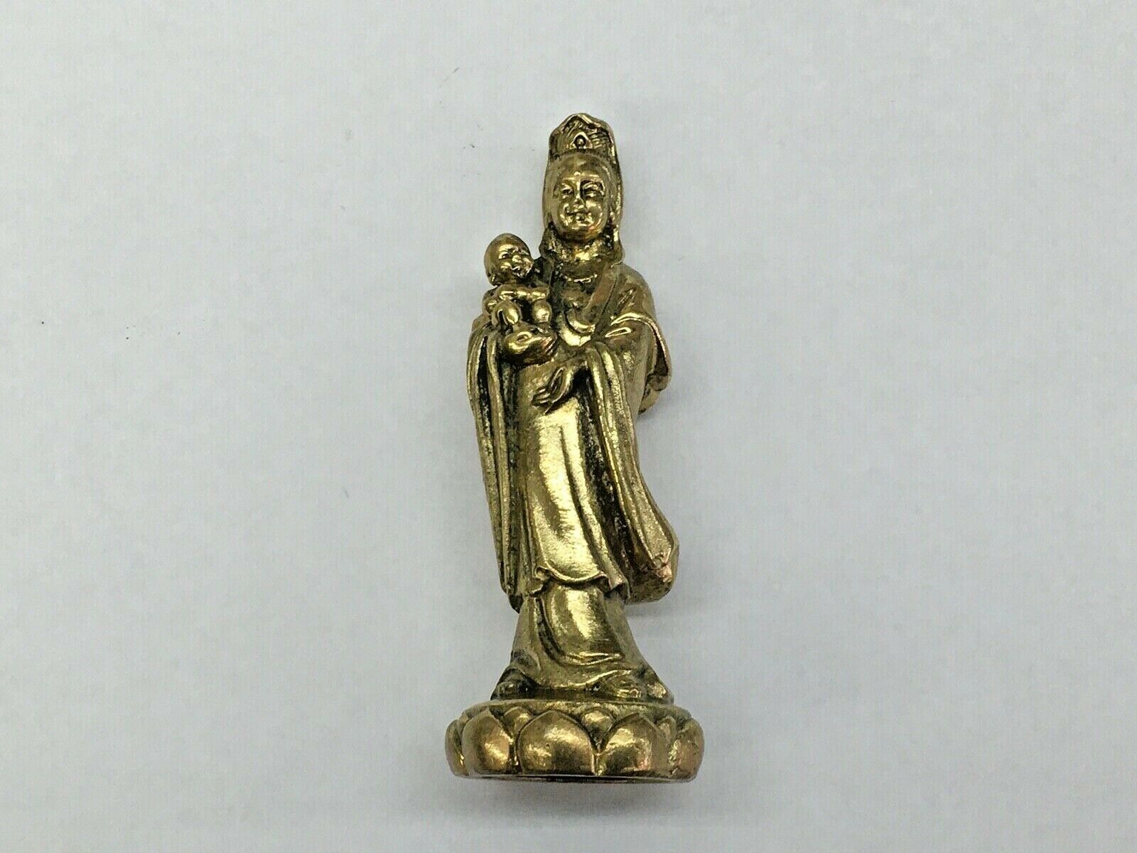 Vintage Guan Yin Holding Baby Brass Statue