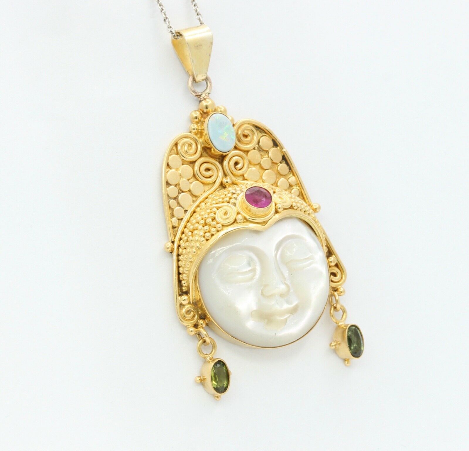 Vintage 18K Yellow Gold Sajen Goddess Face Mother of Pearl Opal Amethyst Peridot