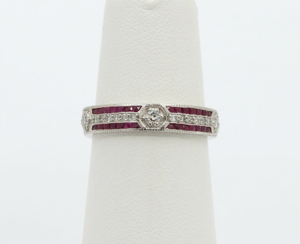 Ladies 18K White Gold Diamonds Rubies Stacking Eternity Band