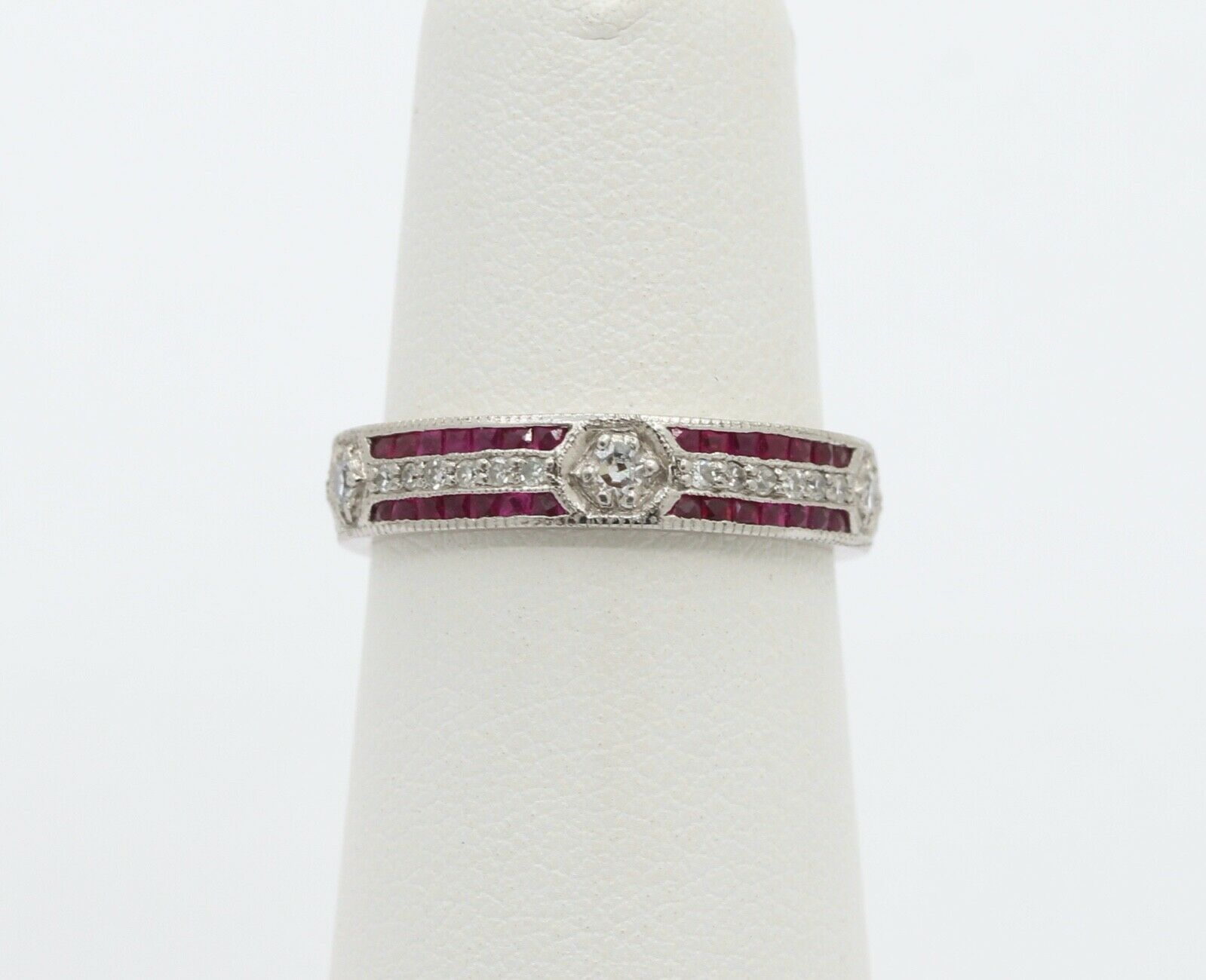 Ladies 18K White Gold Diamonds Rubies Stacking Eternity Band