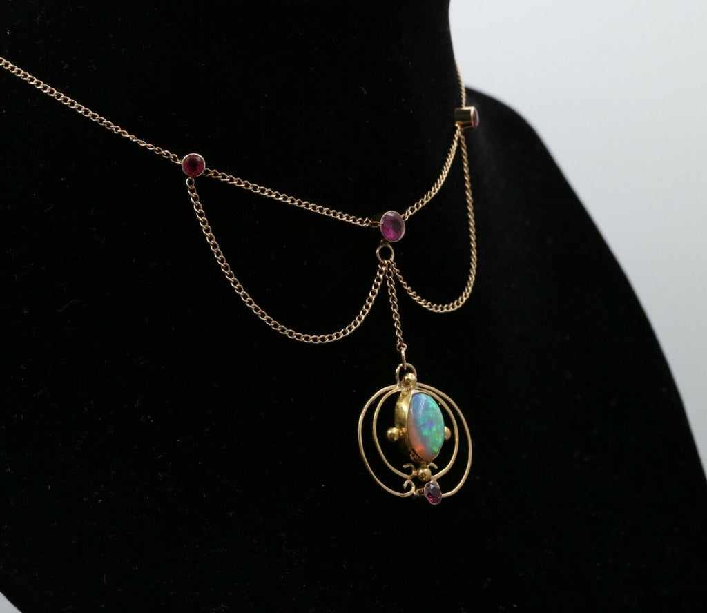 Art Nouveau 14K Yellow Gold Opal & Pink Tourmaline Festoon Necklace, Pendant.