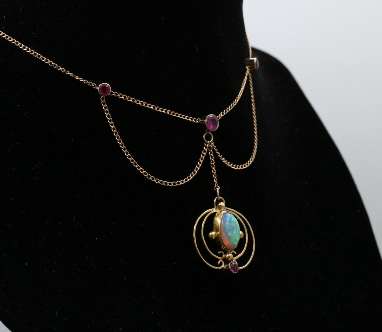Art Nouveau 14K Yellow Gold Opal & Pink Tourmaline Festoon Necklace, Pendant.