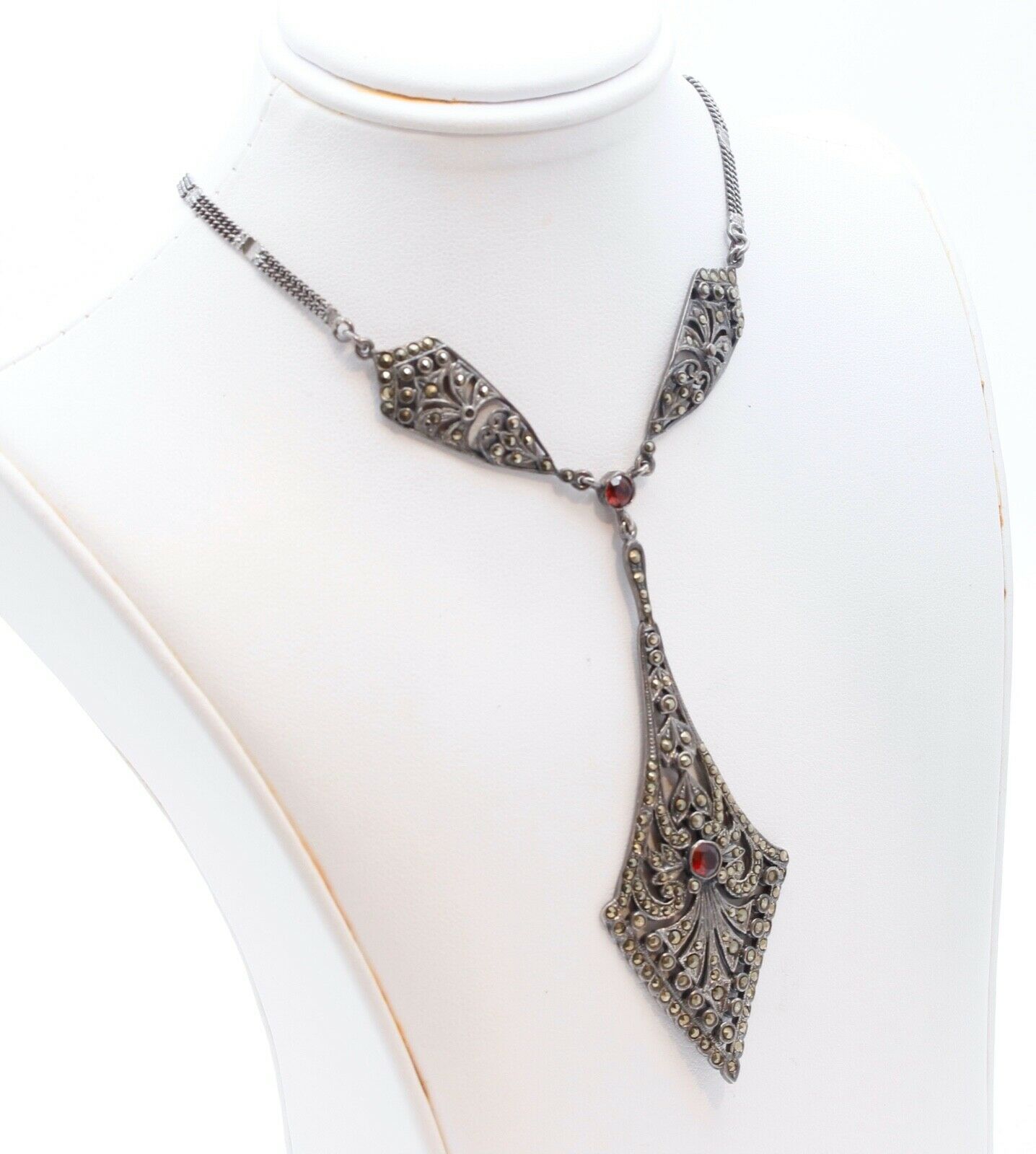 Vintage Marcasite Garnets 925 Sterling Silver Necklace Pendant