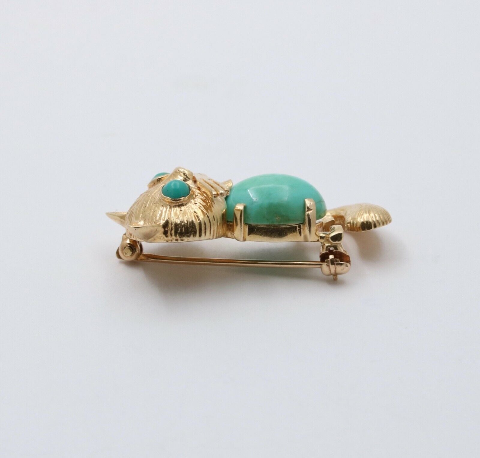 Vintage 14K Yellow Gold Turquoise Kitty Cat Brooch, Pin