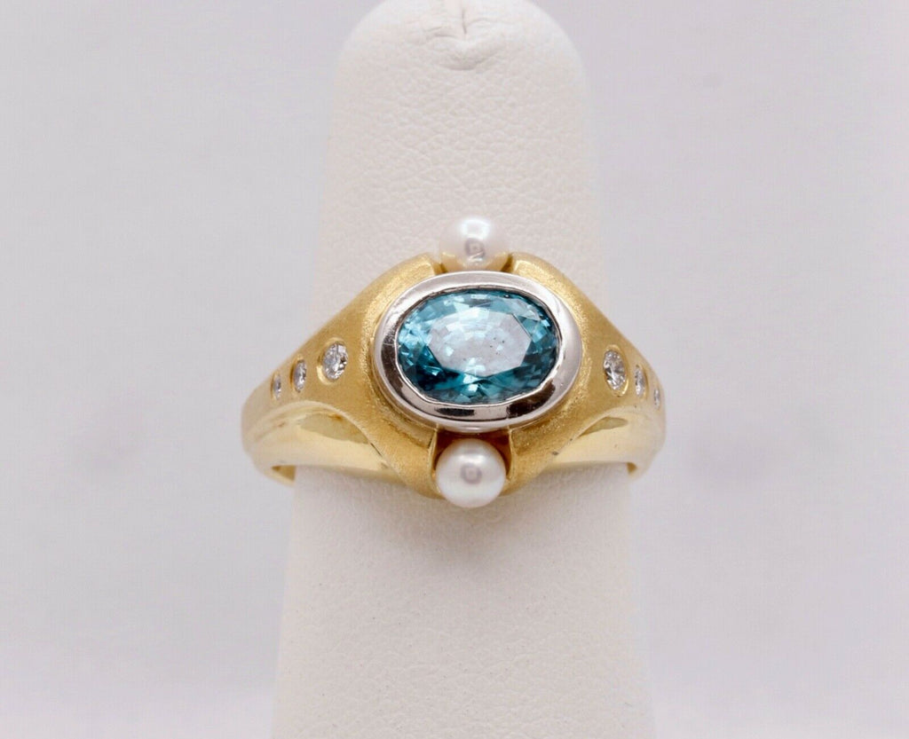 Unisex Mens Ladies Blue Zircon Diamonds Pearls Platinum 18K Yellow Gold Ring