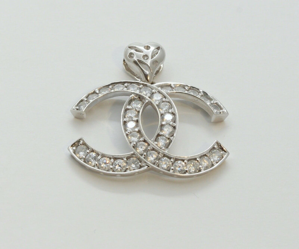 Chanel Logo Pendant Reproduction 14K White Gold Cubic Zirconia Pendant