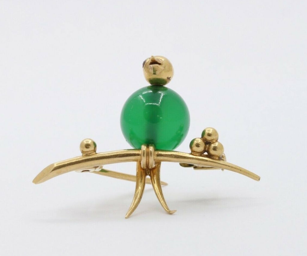 Vintage 14K Yellow Gold Chalcedony Bird Brooch