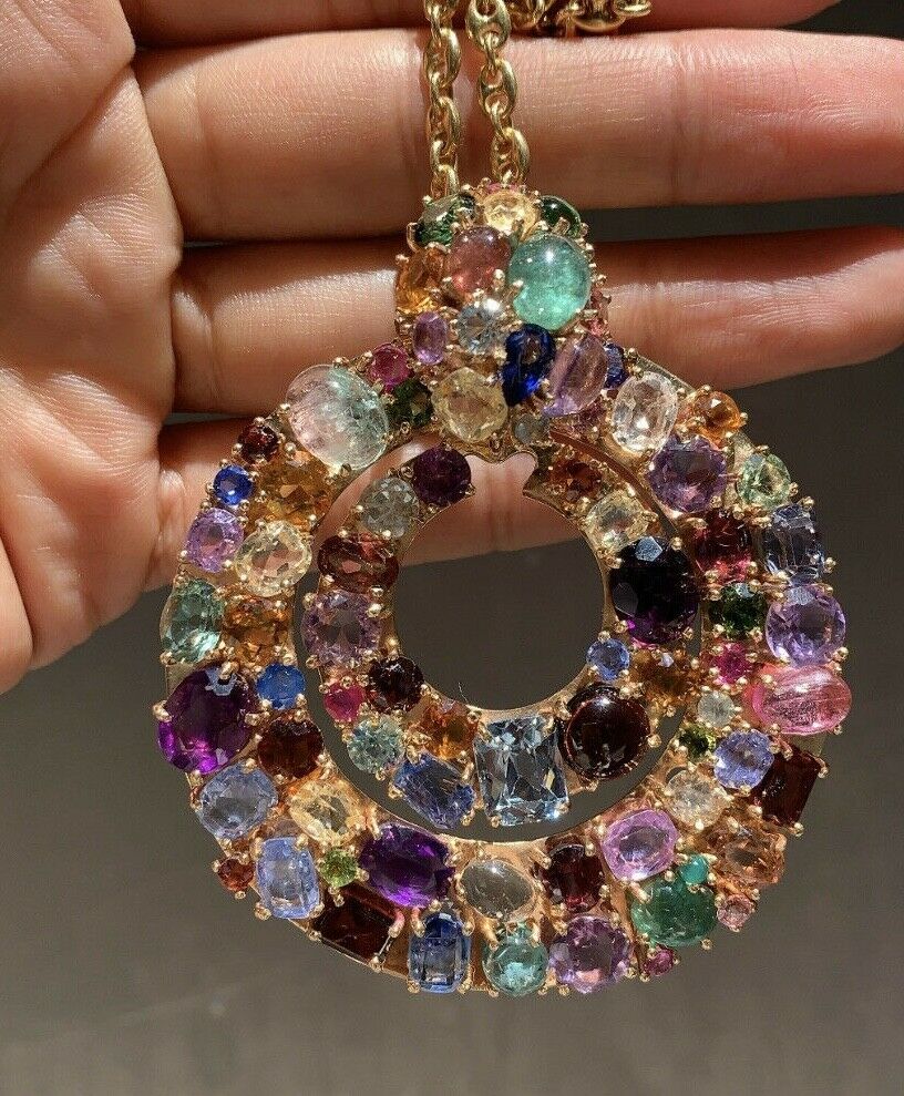 Funky Vintage Multi-Color Gem Stones Large Disc Pendant, Necklace .