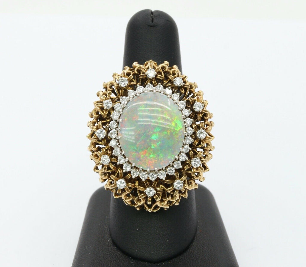 Large Vintage Ladies Opal Diamonds 14K Yellow Gold Statement Ring