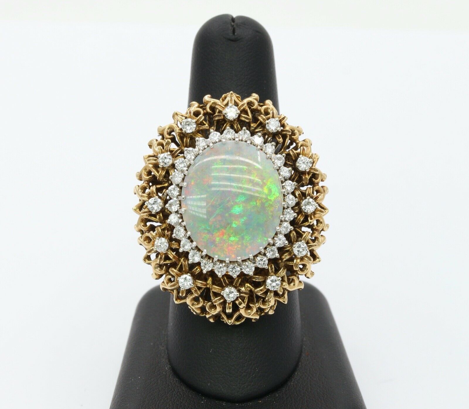 Large Vintage Ladies Opal Diamonds 14K Yellow Gold Statement Ring