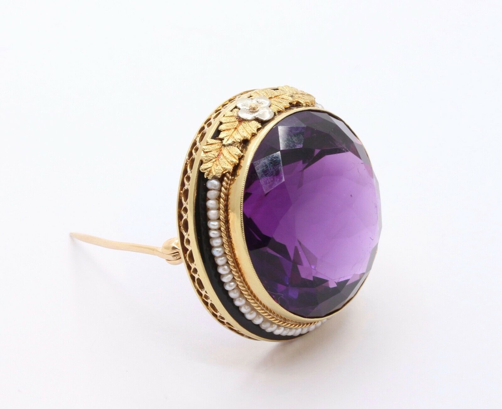 Victorian Edwardian Siberian Amethyst Pearls 14K Yellow White Gold Brooch Pin
