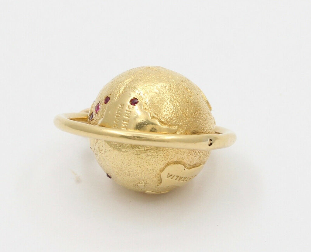 Vintage Spinning Globe Rubies 14K Yellow Gold Pendant Charm