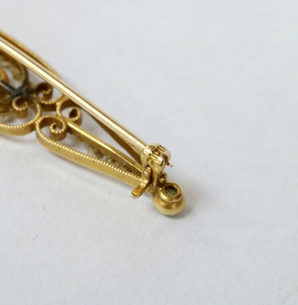 Art Nouveau Peridot & Button Pearl Gold Bar Pin