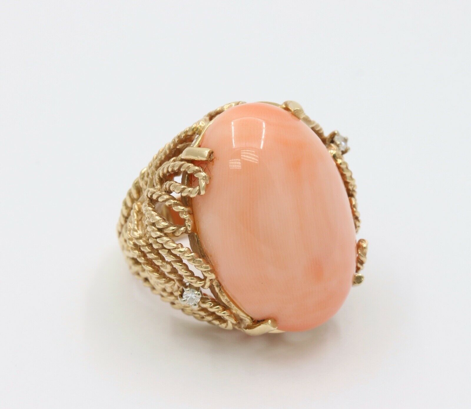 Huge Cabochon Angel Skin Coral Diamonds 14K Yellow Gold Ring