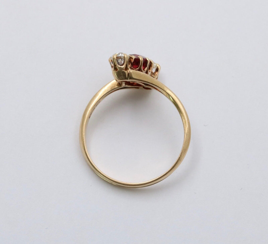 Antique 18K Yellow Gold Ruby And Diamond Bypass Three Stone Ring