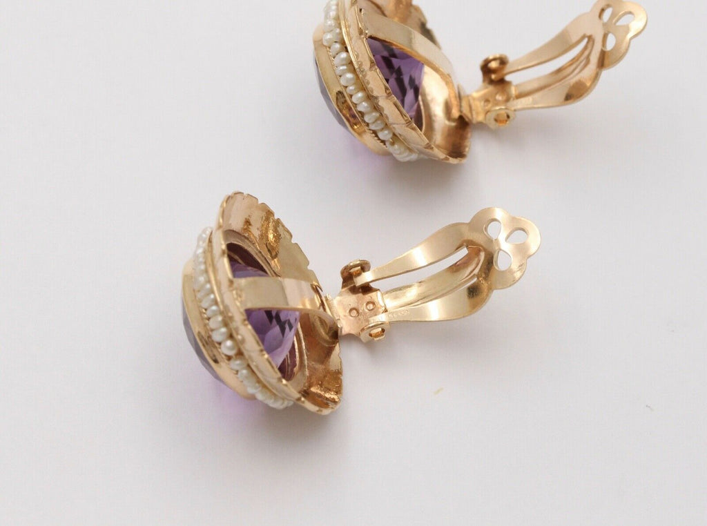 Vintage Round Cut Amethyst Beaded Seed Pearl Halo Button Clip Earrings