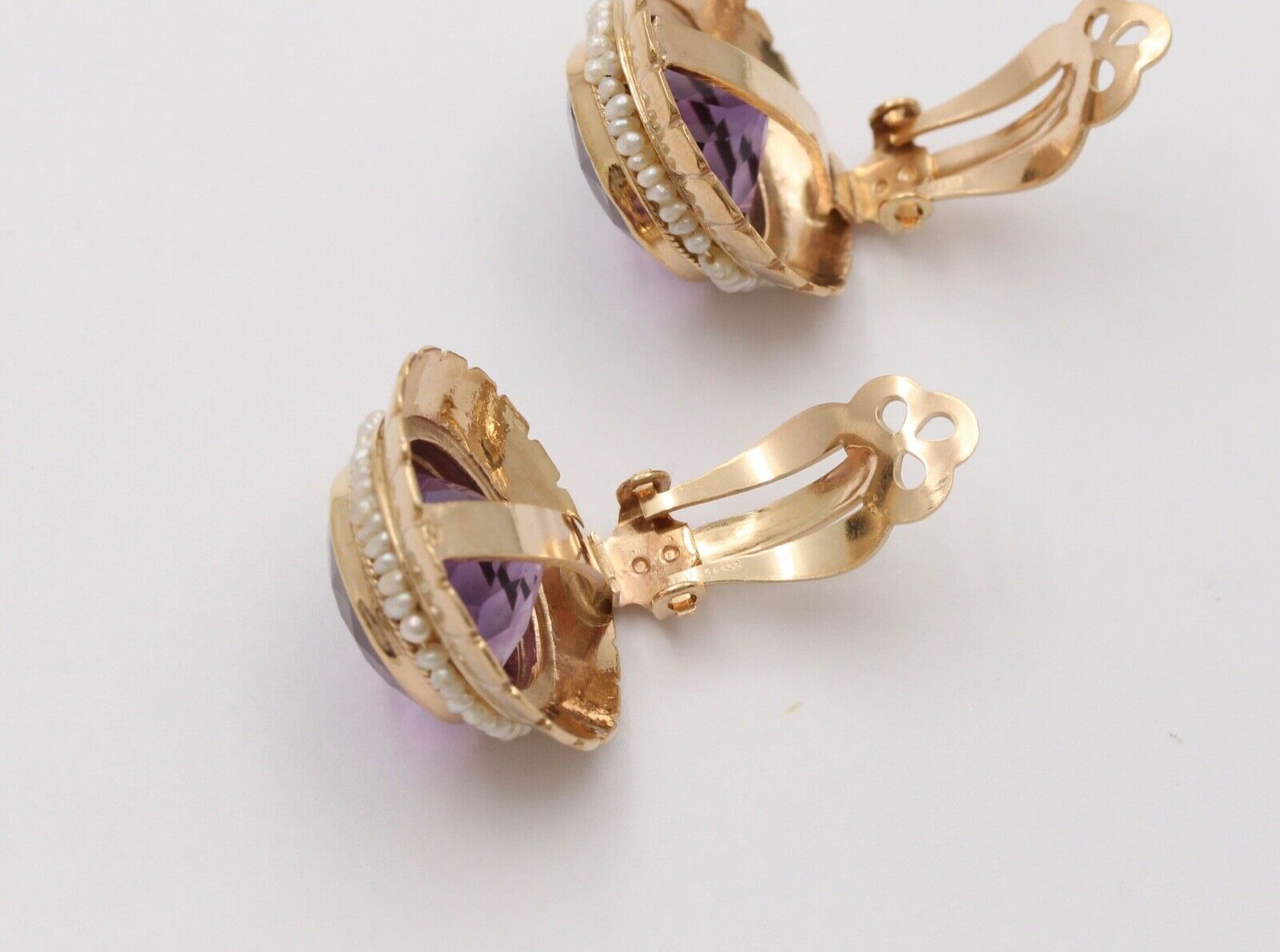 Vintage Round Cut Amethyst Beaded Seed Pearl Halo Button Clip Earrings