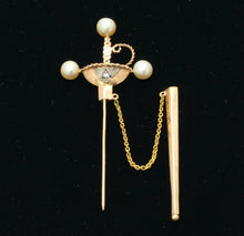 Load image into Gallery viewer, Victorian Sword Brooch 14K Yellow White Gold Diamond Pearls
