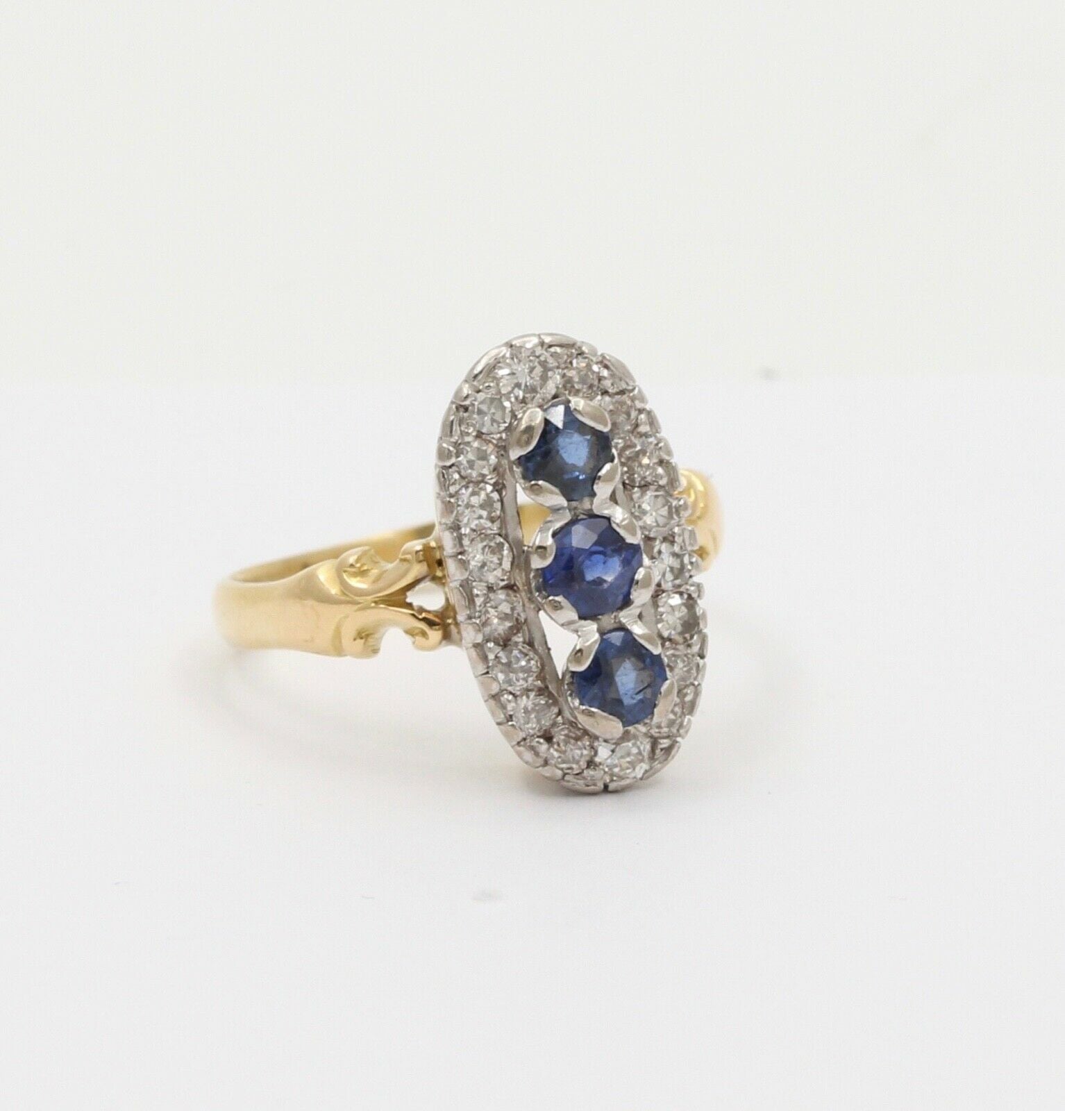 Edwardian Blue Sapphire Diamonds Yellow White Gold Ring