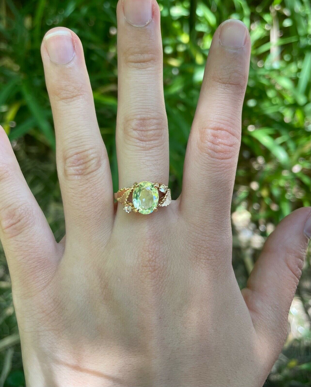 Vintage Leaf motif Man Made Lime yellow cushion cut stone and Diamond Gold Ring