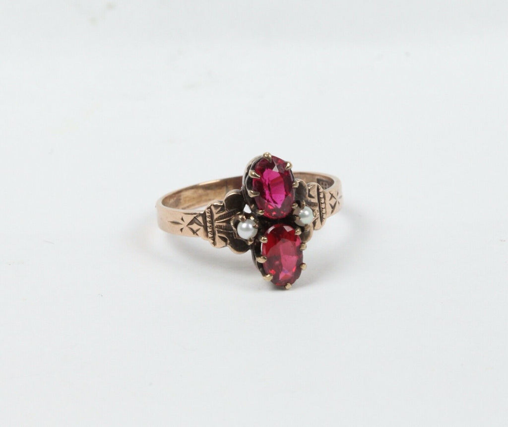 Rare Beautiful Victorian Ruby Seed Pearl 9K Rose Gold Ring