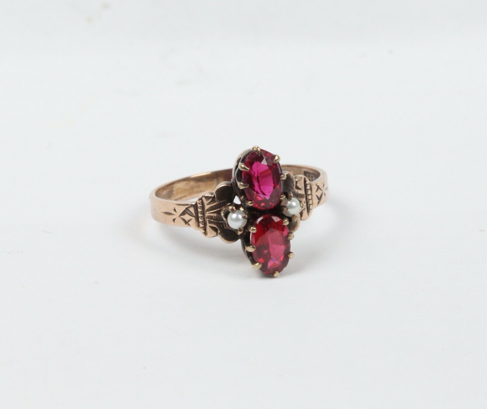 Rare Beautiful Victorian Ruby Seed Pearl 9K Rose Gold Ring