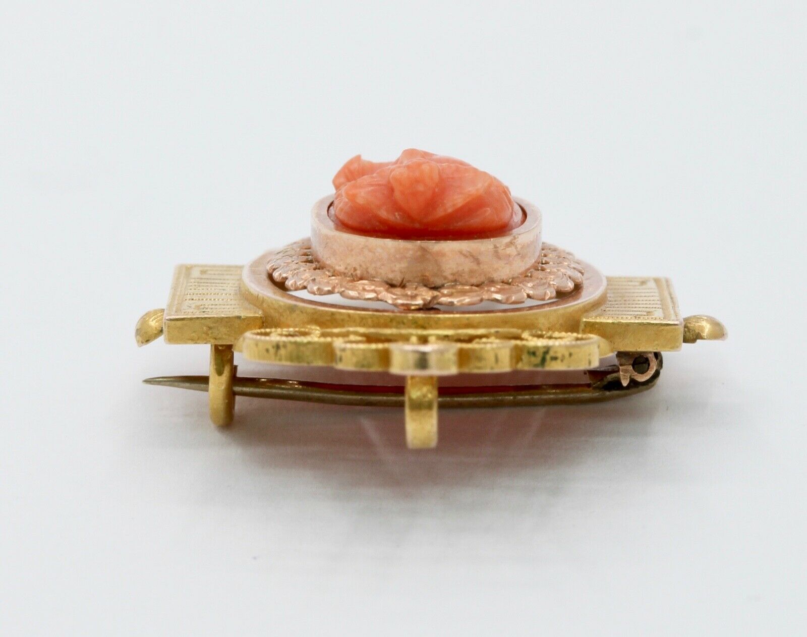 Extraordinary Victorian 14K Rose and Yellow Gold Carved Coral Pendant Brooch